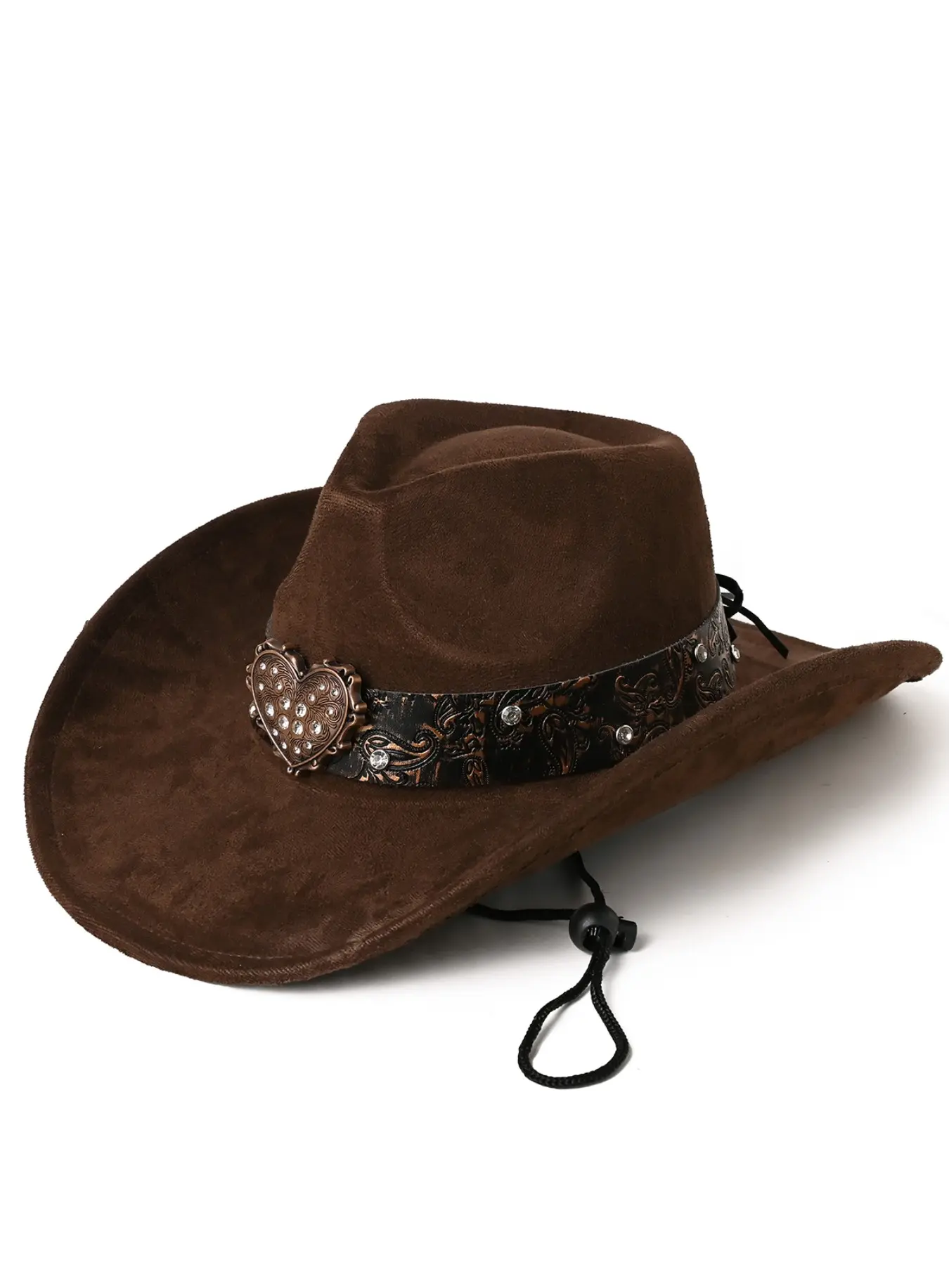 Unisex Retro Western Cowboy Sunhat, Embroidered Leather Strap, Rhinestone Heart Badge, Rivet Decoration, Casual Slim-Fit Visor Hat