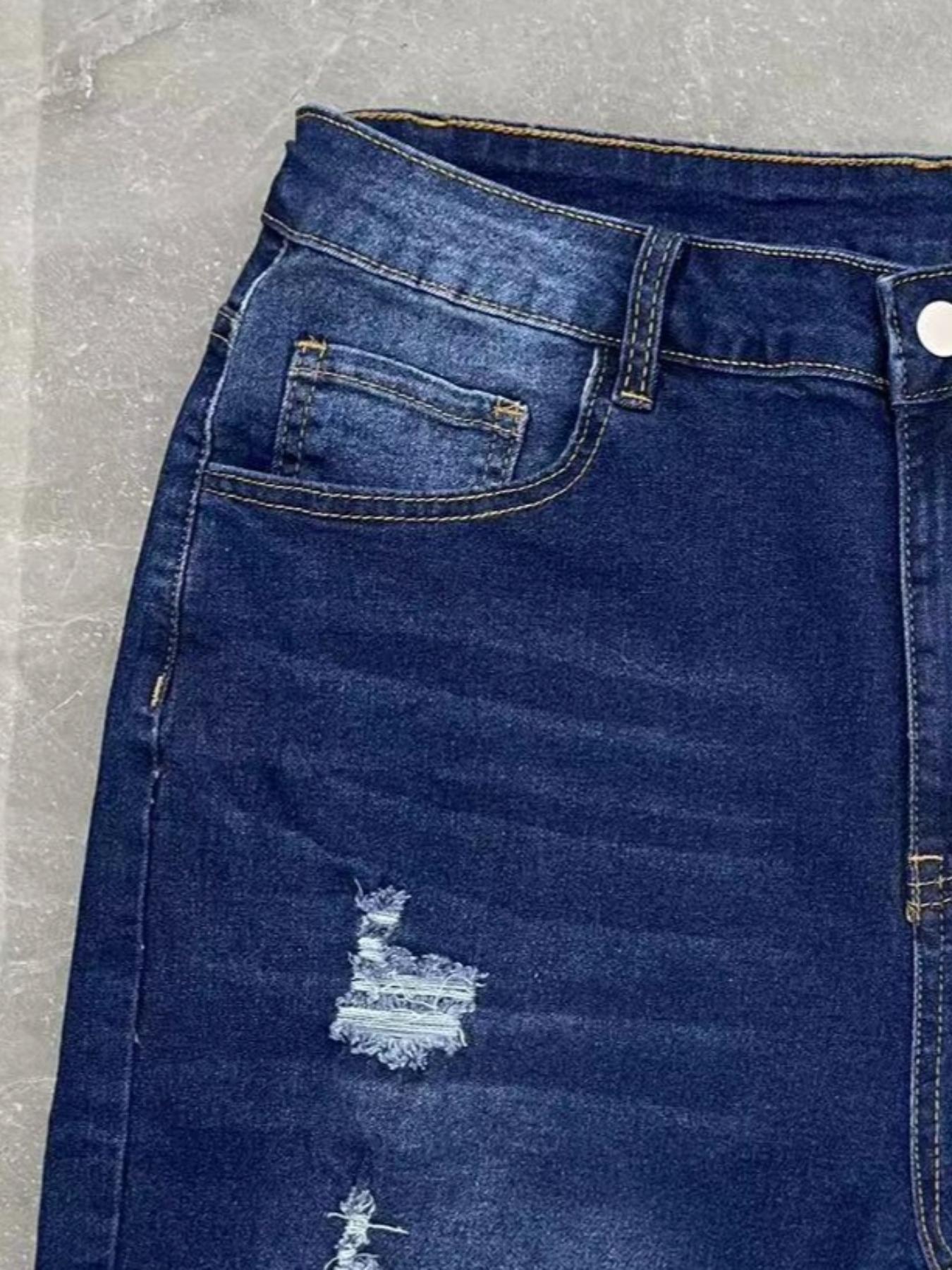 【Plus Size】 Solid Ripped Button Fly Skinny Jeans, Fashion Casual Pocket Design Denim Pants for Daily Outdoor Wear, Women Plus Clothing for All Seasons