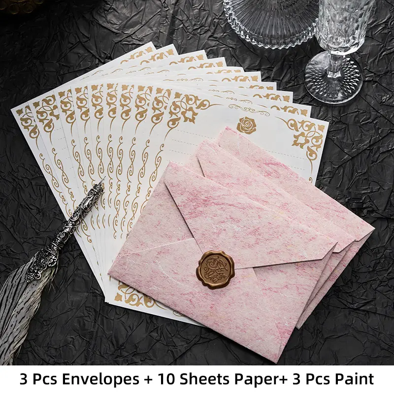 16 piece premium marble patterned envelope set (3 envelopes+3 wax seals+10 sheets of letterhead) - vintage embossed kraft paper paired with floral stationery, perfect for weddings, Valentine's Day, bi Invitation Envelopes