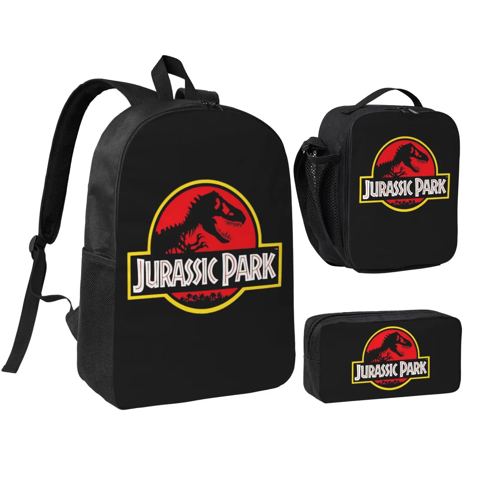 Unisex Cute Printed Jurassic Park 3 Polyester 3-Piece Backpack Set for Teens - Waterproof School Bookbag, Lunchbox, Zip Pencil Case, Adjustable Straps, Foam Padding - Birthday, Party Gifts