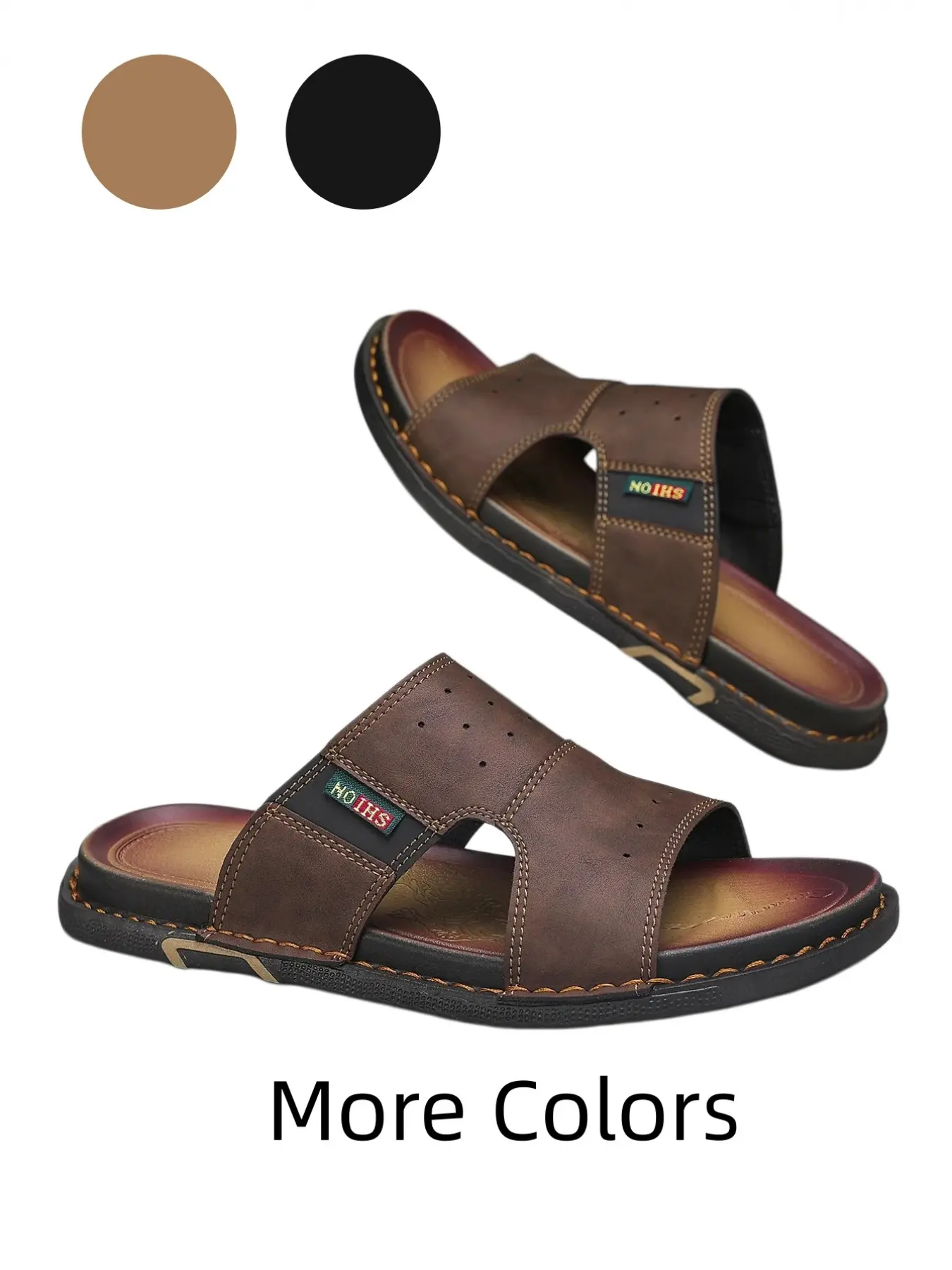 1 Pair Daily Wear Men Plus Size Leather Slides Perforated Breathable Upper Home/Shopping - Leather, Non Slip Lightweight Comfortable