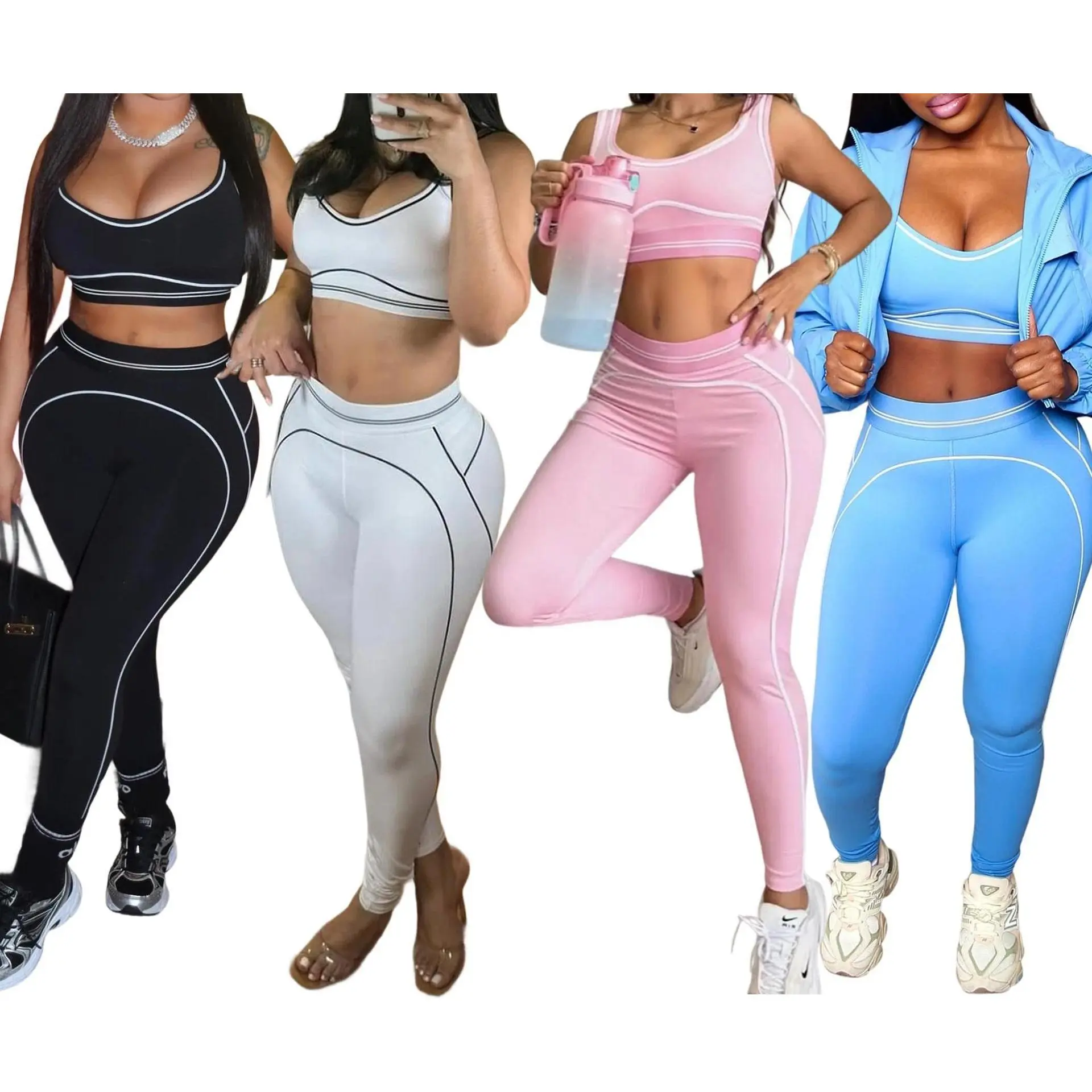 Women's 2-Piece Seamless Sport Ready Yoga Workout Set - Breathable Quick-Dry Piping Fabric, High-Waist Tummy Control Leggings, Supportive Hip Lifter Bra for Gym, Running, Outdoor tracksuit, Fitness Clothing, Exercise Clothing Set, All Season Activewear