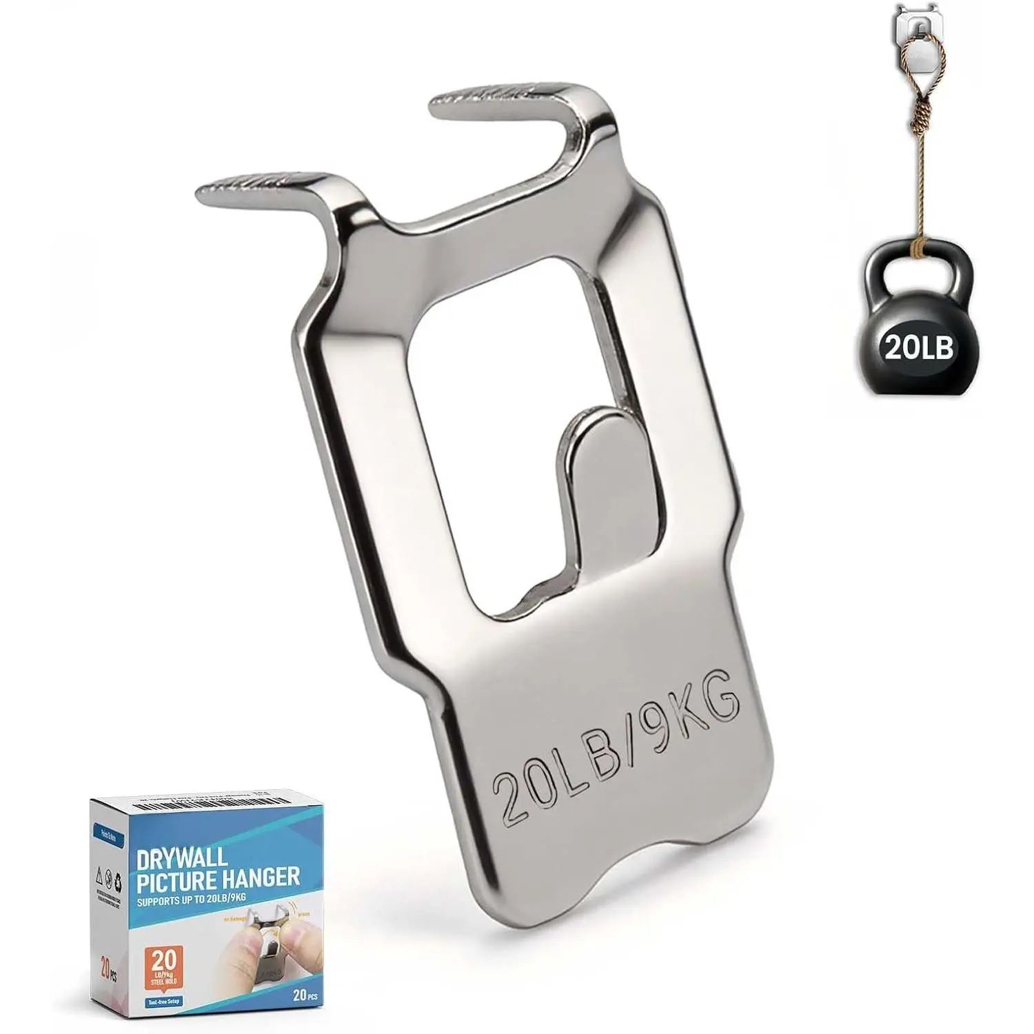 20 Pack Claw Drywall Picture Hangers - Heavy Duty No Drill Wall  Hooks Supports 20LB, Hardened Steel Picture  Kit for Drywall,  Wall Mount Hangers for Heavy Frames, Mirror, Art