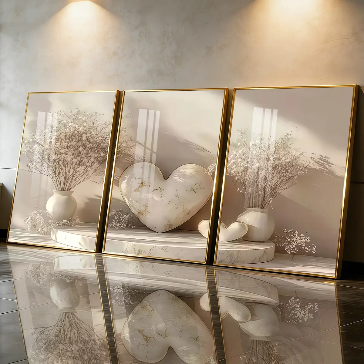 3 Count Aluminum Alloy Frame Canvas Art And Prints For Walls, Fashion Poster, Creative Design Print, Heart Vase With White Flowers, Modern Living Room Decoration, Light Luxury Family Art, Suitable For Bedroom, Corridor And Office Wall Decor, Gift