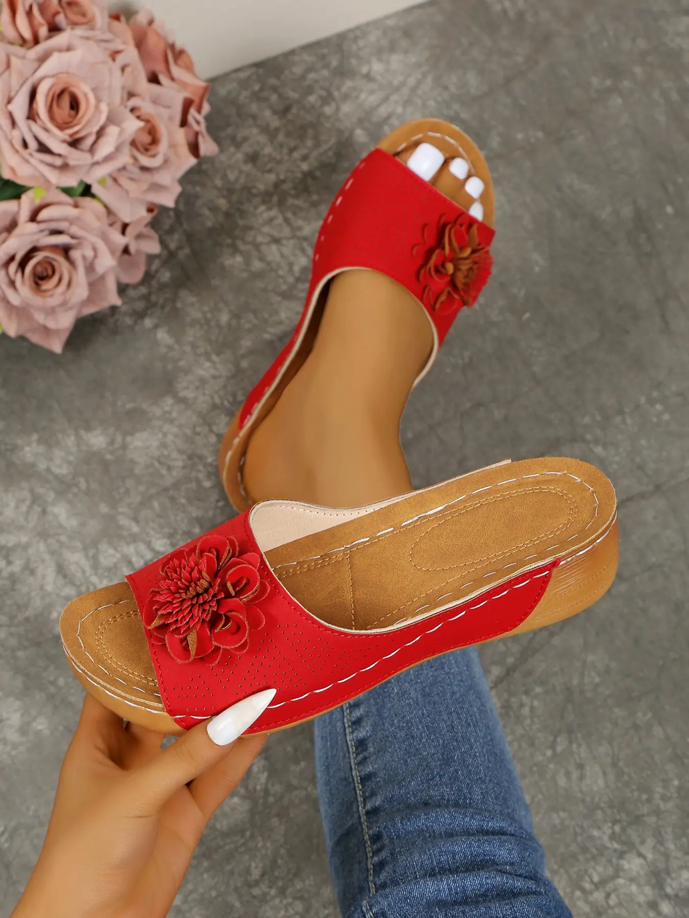 Summer Round Toe Flower Wedge Sandals, Casual Thick Sole Women's Flip Flops, Office Versatile Open-Toe Slippers, Fashion Comfortable Shoes