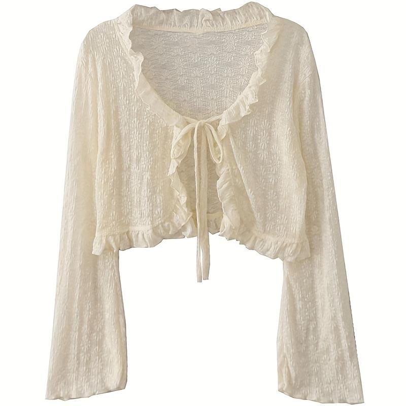 Elegant and Lightweight Lace-up Cardigan-Breathable Chiffon Shawl, Ruffles, Long Sleeves, Sun Protection-Spring/Women's Summer Top, Soft Blue, White, Cream, Pink, Black Fitted Knitwear Womenswear Basic Beige Casual