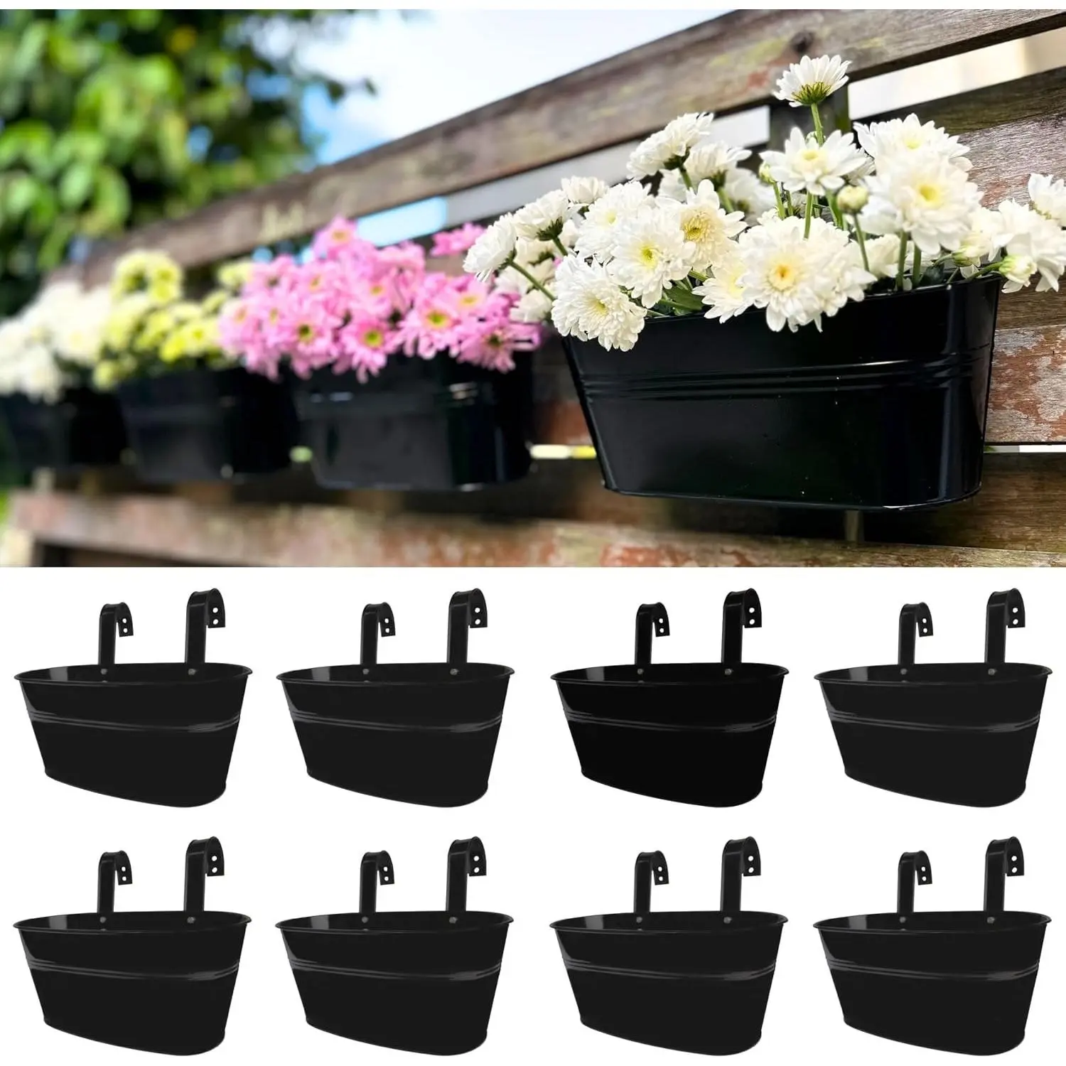 Outdoor Plants Rail Planter (11.2 Inch, 8 Pack) Black Metal Iron Hanging Flower Pots Deck Railings Fence Buckets Modern Garden Boho Style Wall Mount Window Box Plant Holder Hooks Porch Decor