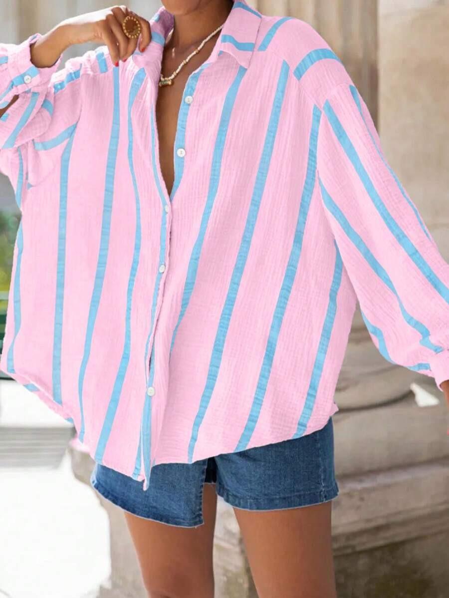 2026 European and American autumn and winter new long-sleeved button-up cardigan women's striped shirt women's vintage striped