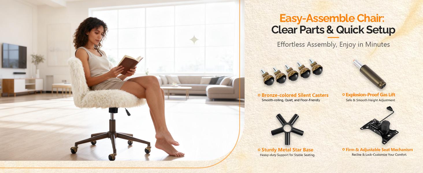 VINGLI Plush Upholstery Vanity Desk Chair with Curved Back & 90-102° Tilt &Adjustable Height, Cute Rolling Chair with Bronze Base & Golden-Bronze 360° Swivel Wheels for Makeup &Home Office,White Cream