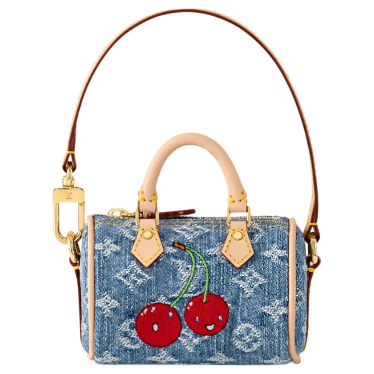 Louis Vuitton x Takashi Murakami Speedy Micro Denim Handbag for Women, Cherry-Style, Blue