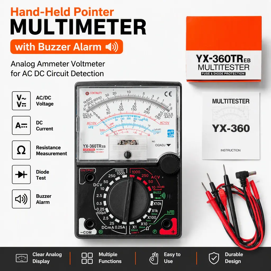 Continuity Buzzer Equipped Pointer Multimeter, Analog Multi‑Function Tester for Measuring Voltage, Current and Resistance