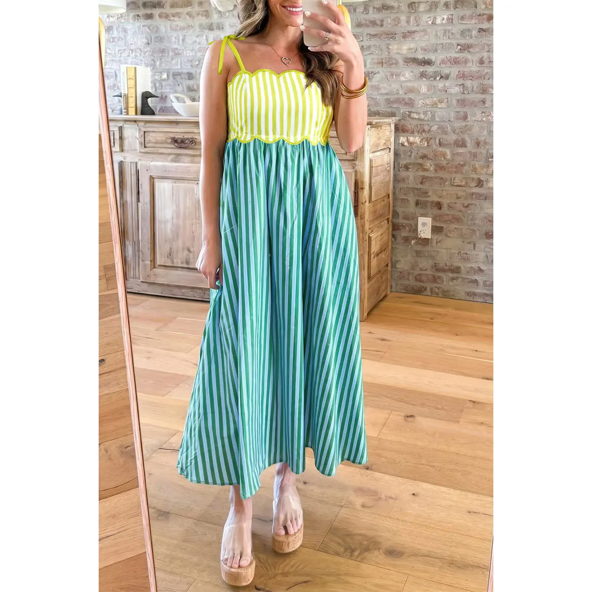 Green Stripe Scalloped Contrast Patchwork Knot Strap Midi Dress