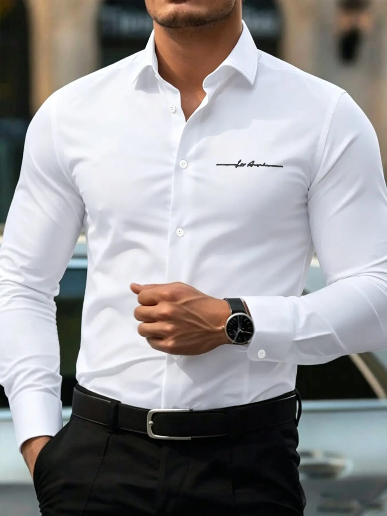 Men's Formal Blouse, Long Sleeve, Wrinkle-Free Stretch Fabric, Solid Color, Button Front, Office Wear, Fashionable Comfortable Casual Shirt