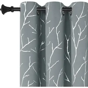 Grey Curtains, Foil Print Branches Thermal Energy Saving Window Drapes, Kids Blackout Curtains 2 Panels Set Small Short Curtains 38W x 45L, Light Grey