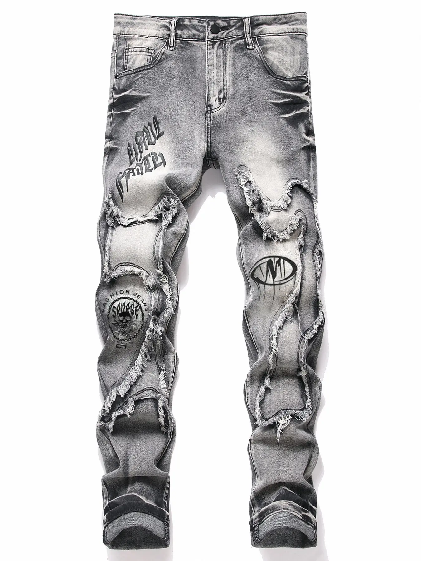 Men's Vintage Patchwork Ripped Jeans, Washed Denim Fabric, Letter Graffiti Print, Frayed Hem, American High Street Micro-Rise Long Pants, Menswear