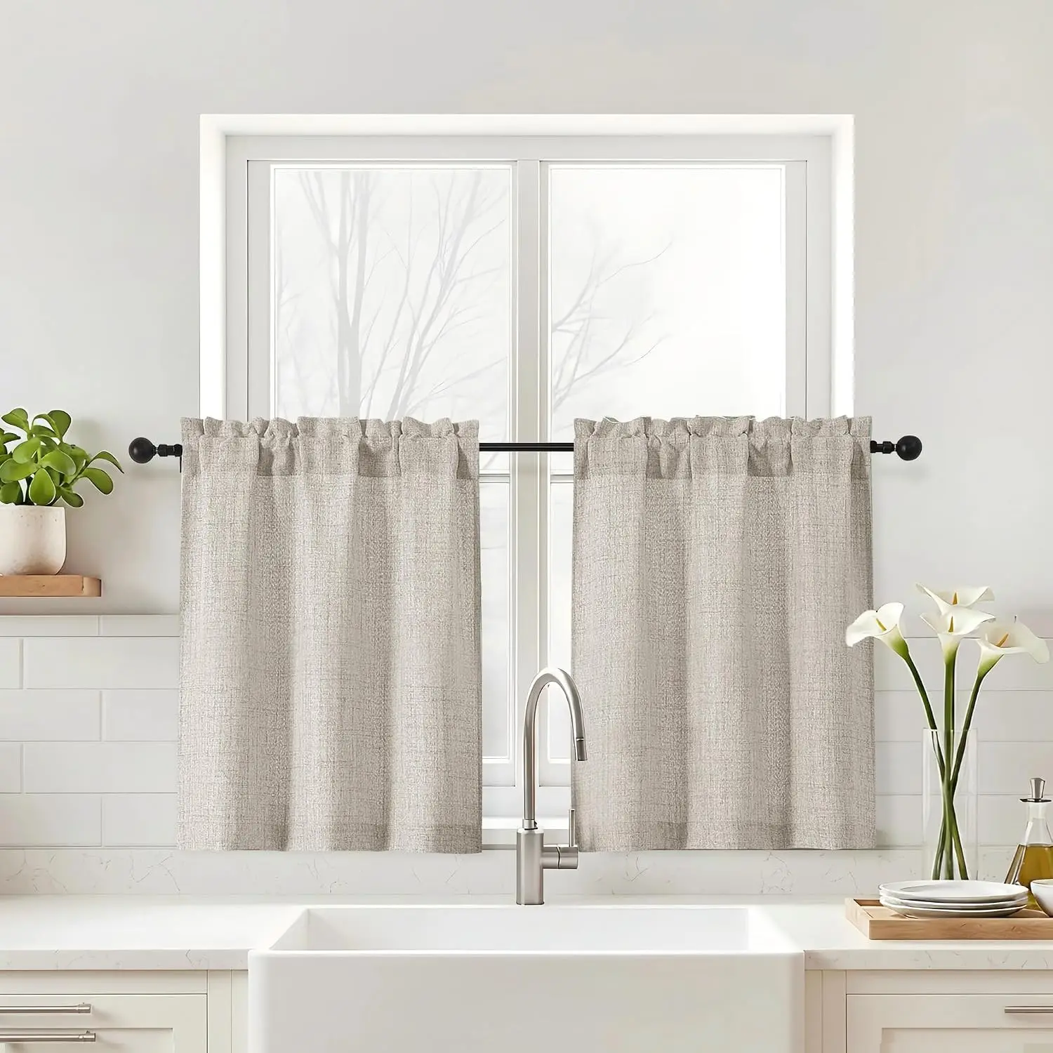 Kitchen Curtains 24 Inch Length, Faux Linen Textured Light Filtering Rod Pocket Short Curtains for Bathroom Small Kitchen Window Over Sink, 2 Panels, Linen Color, 30Wx24L Inches