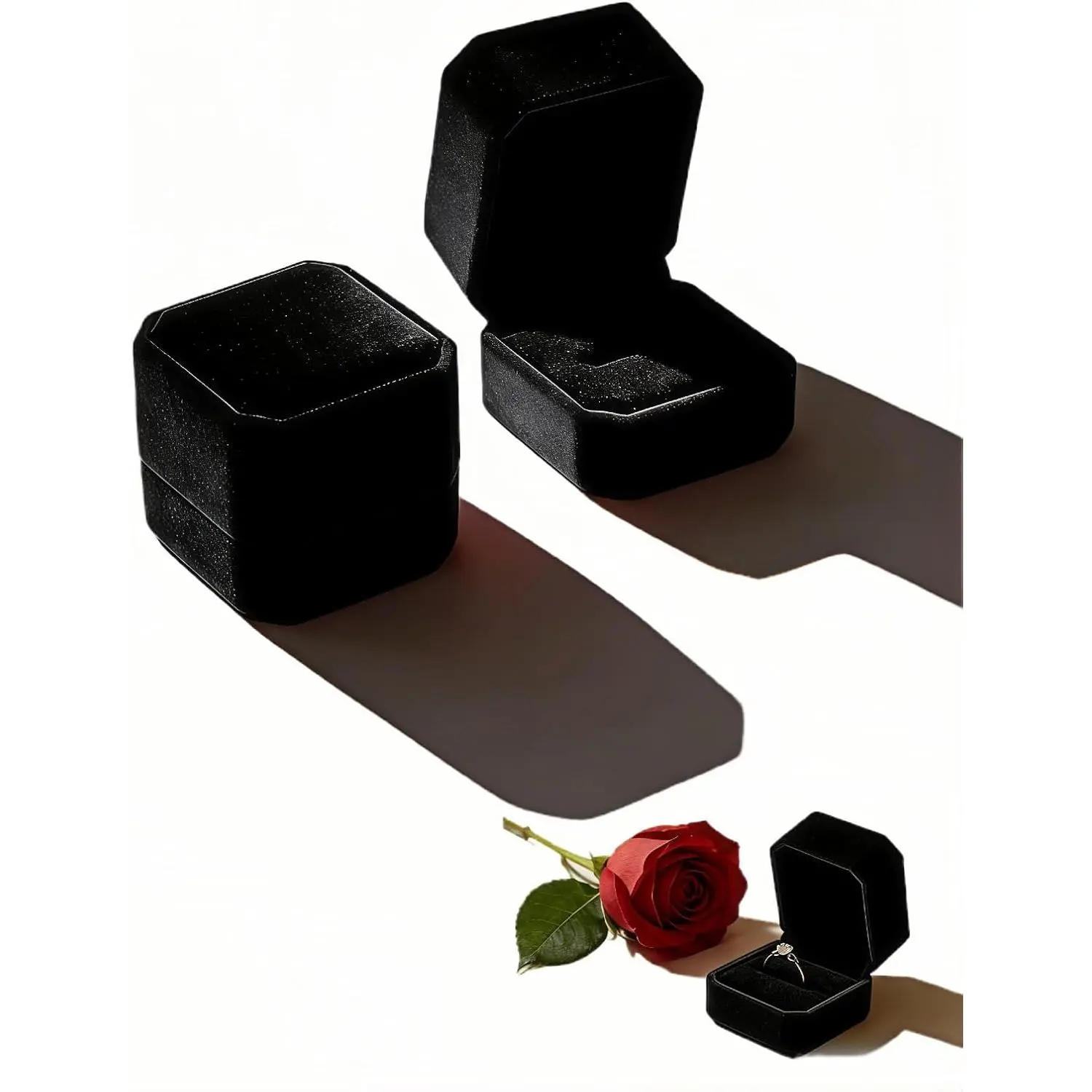 Ring Box Set of 2 -   Box for Engagement Wedding Proposal, Small Earring Pendant Display Case, Luxury Soft   Organizer with Ring Slot (Black)