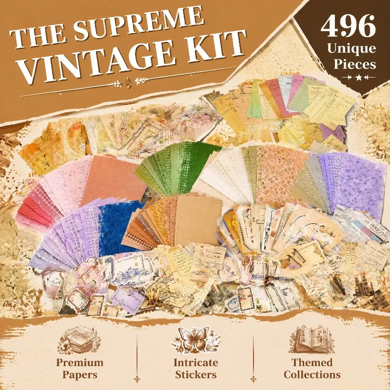 496 Pcs Supreme Vintage Junk Journal Kit, Retro Decorative Papers & Intricate Ephemera Stickers Set, Aesthetic Scrapbooking Supplies for Collage, Diary, Card Making & DIY Crafts