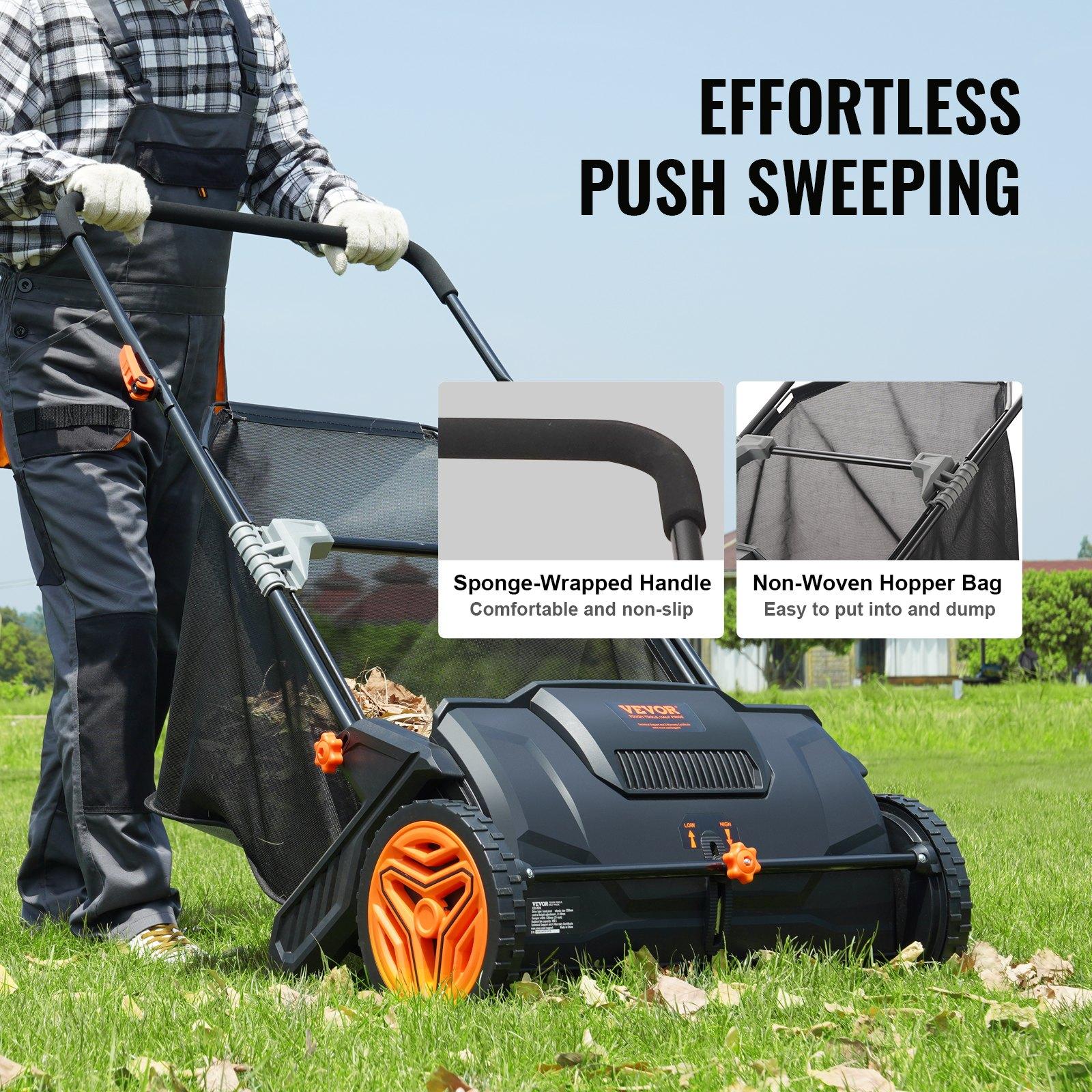 VEVOR Push Lawn Sweeper, 21inch Leaf & Grass Collector, Strong Plastic Wheels & Heavy Duty Thickened Steel Durable to Use with Large Capacity 3.5 cu. ft. Mesh Collection Hopper Bag, 2 Spinning Brushe