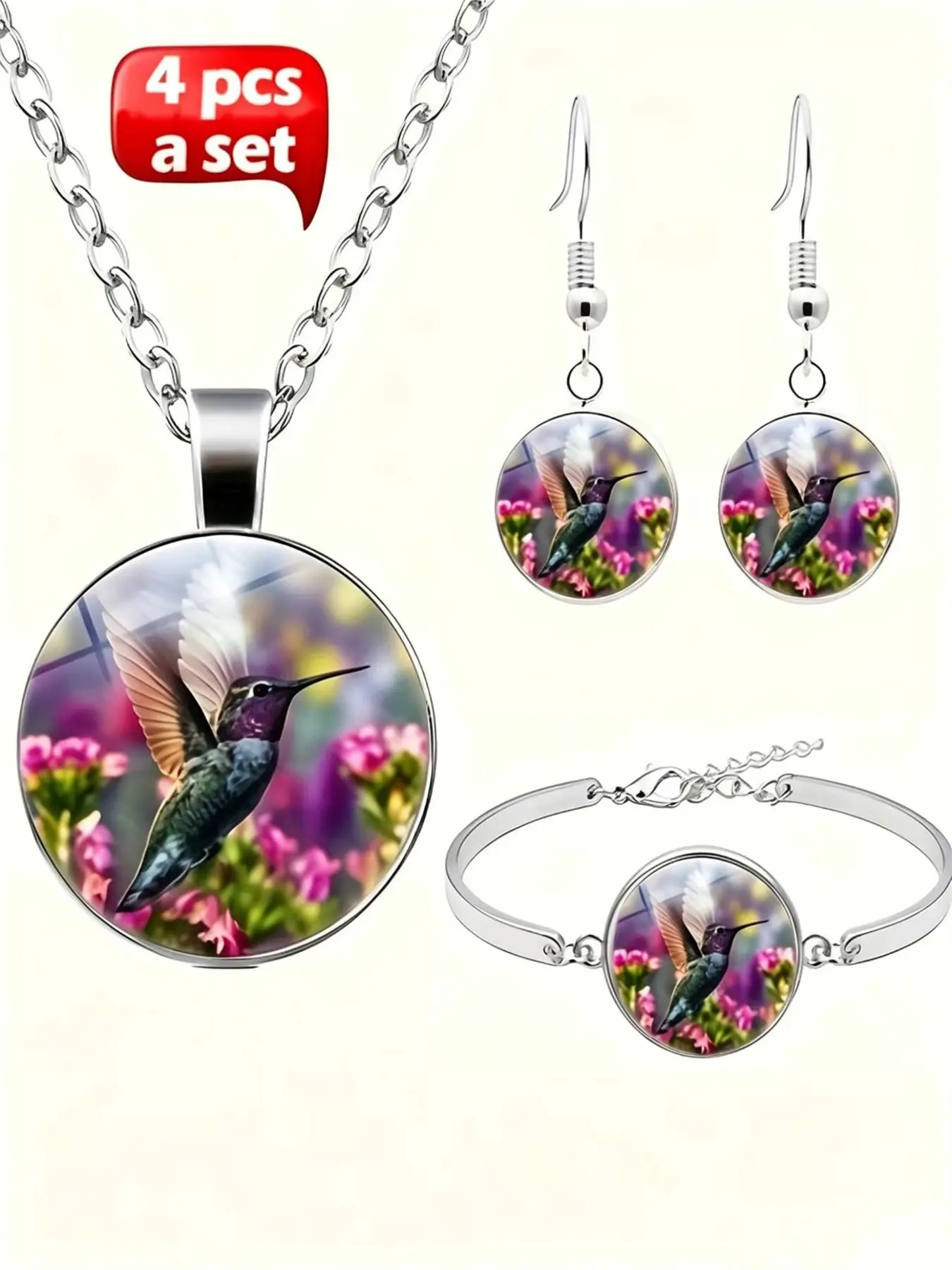 4 Pcs / Set DIY Jewelry, Hummingbird Pattern Glass Zinc Alloy Necklace Earrings Bracelet, Perfect Gift for Women, Festive Occasions