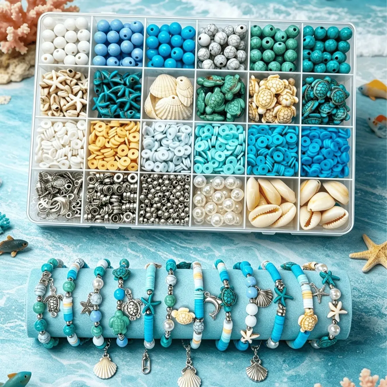 24 Pieces Ocean Style DIY Bead Set - Soft Clay Beads, Seashell, Turtle, Starfish Accessories - Handmade Bracelet, Necklace, Earring, Chain Materials Package - Summer Beach Vacation Style Accessories, Beads, Beaded Flowers, Jewelry-making Beads, Bracelet M