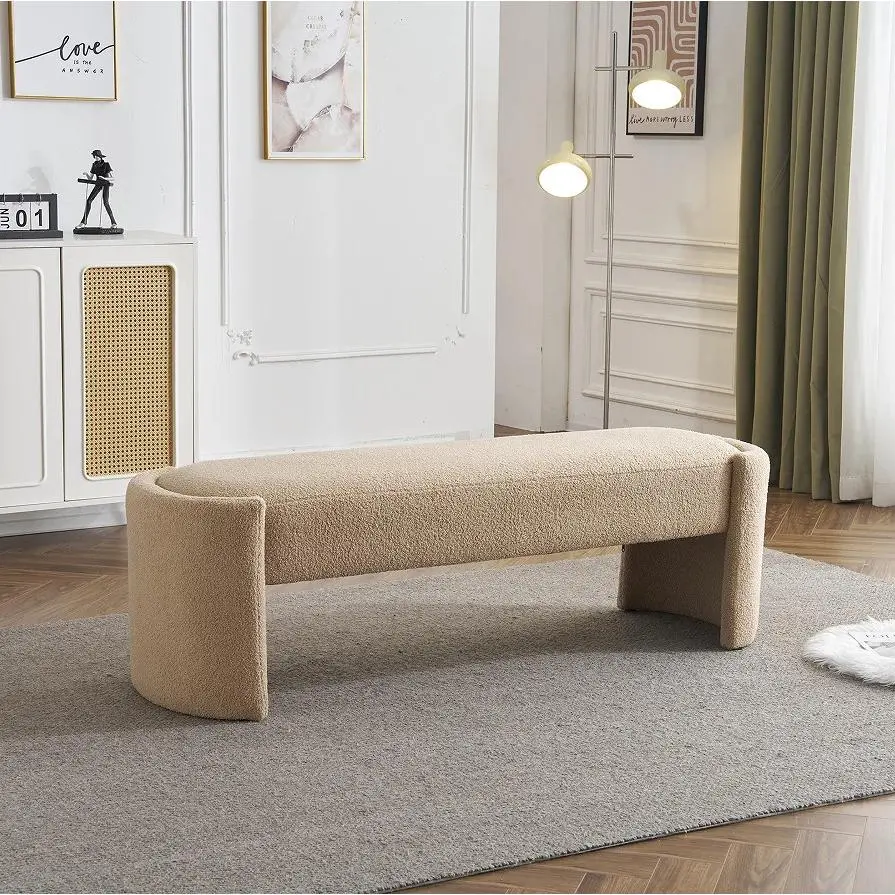 Armless Foam Backless Rustic Long-Shaped Ottoman Bench - Wood-Style Footstool, Elegant Simple Modern Design, Light Camel, Withstands 300 lb Weight, Sturdiness, Durability, Assembly Required, for US Bedroom, Living Room Indoor Furniture Use