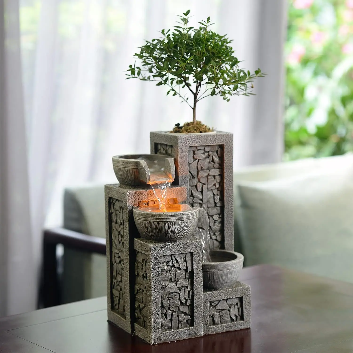 Indoor Tabletop Water Fountain – 3-Tier  Waterfall with LED Lights, Mini Bonsai Planter & Cascading Water Flow –  Desk Fountain for , Office, Meditation Decor​(22024)