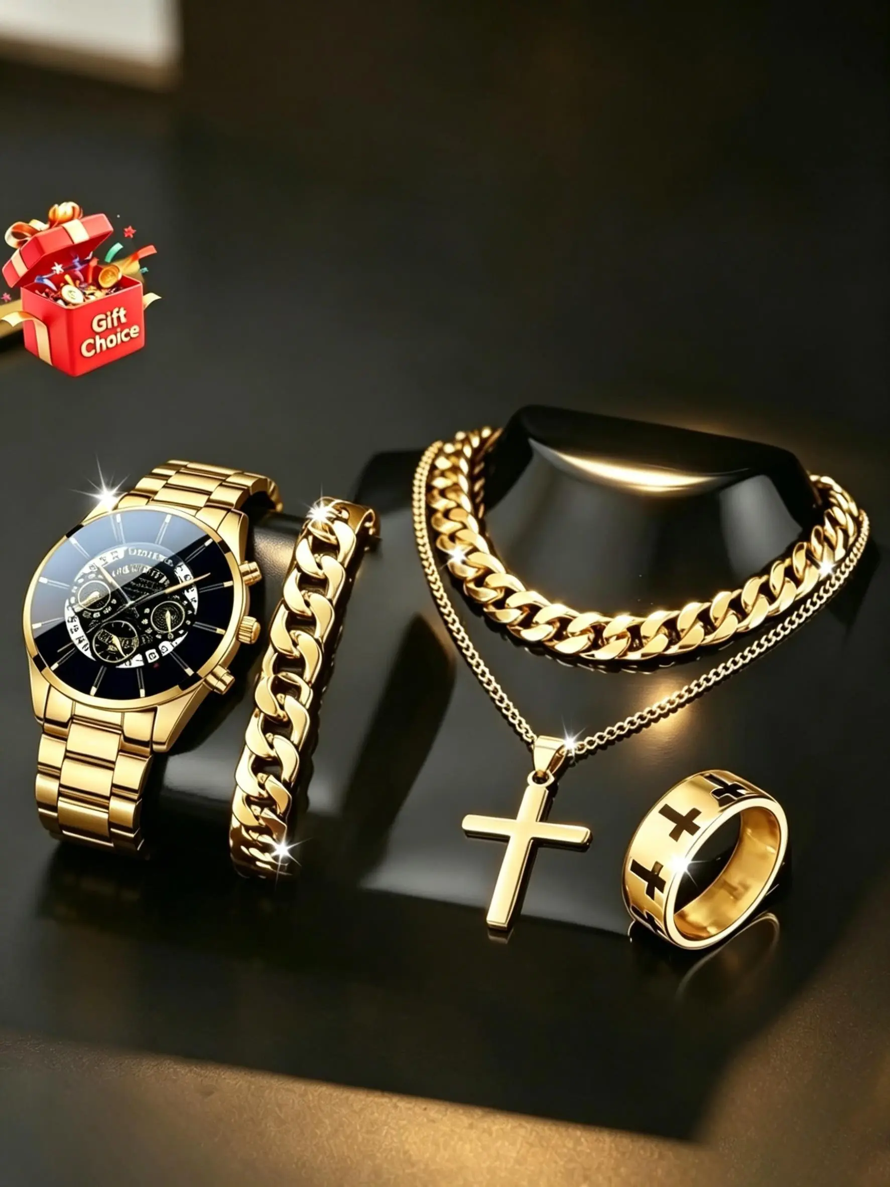 5pcs Men's Casual Sports Watch Set with Necklace Ring Bracelet, Accessory Set, Perfect for Daily Wear, Wedding Gifts, Father's Day Gifts