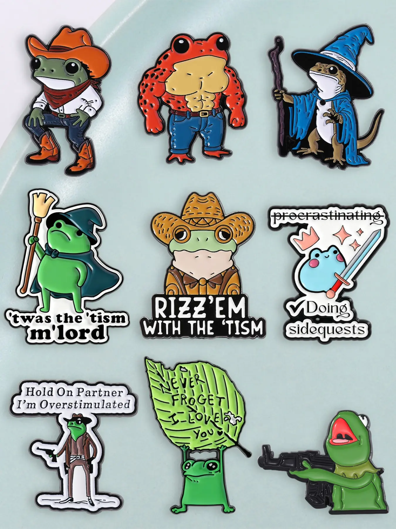 9 Pcs Retro Western Wizard Frog Metal Brooch Set, Autism Awareness Funny Badge, Subculture Fashion Accessory, Enamel Pin Collection, Brooch Pins
