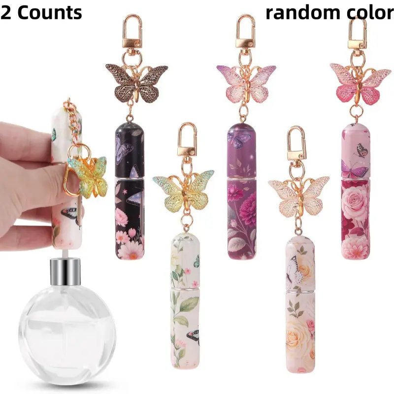 2 Counts Butterfly Perfume Keychain Set, Refillable Travel Cosmetic Bottles 5ML Capacity, Leak-Proof Portable Scent Dispenser, Makeup Container Set, Cosmetics Accessories