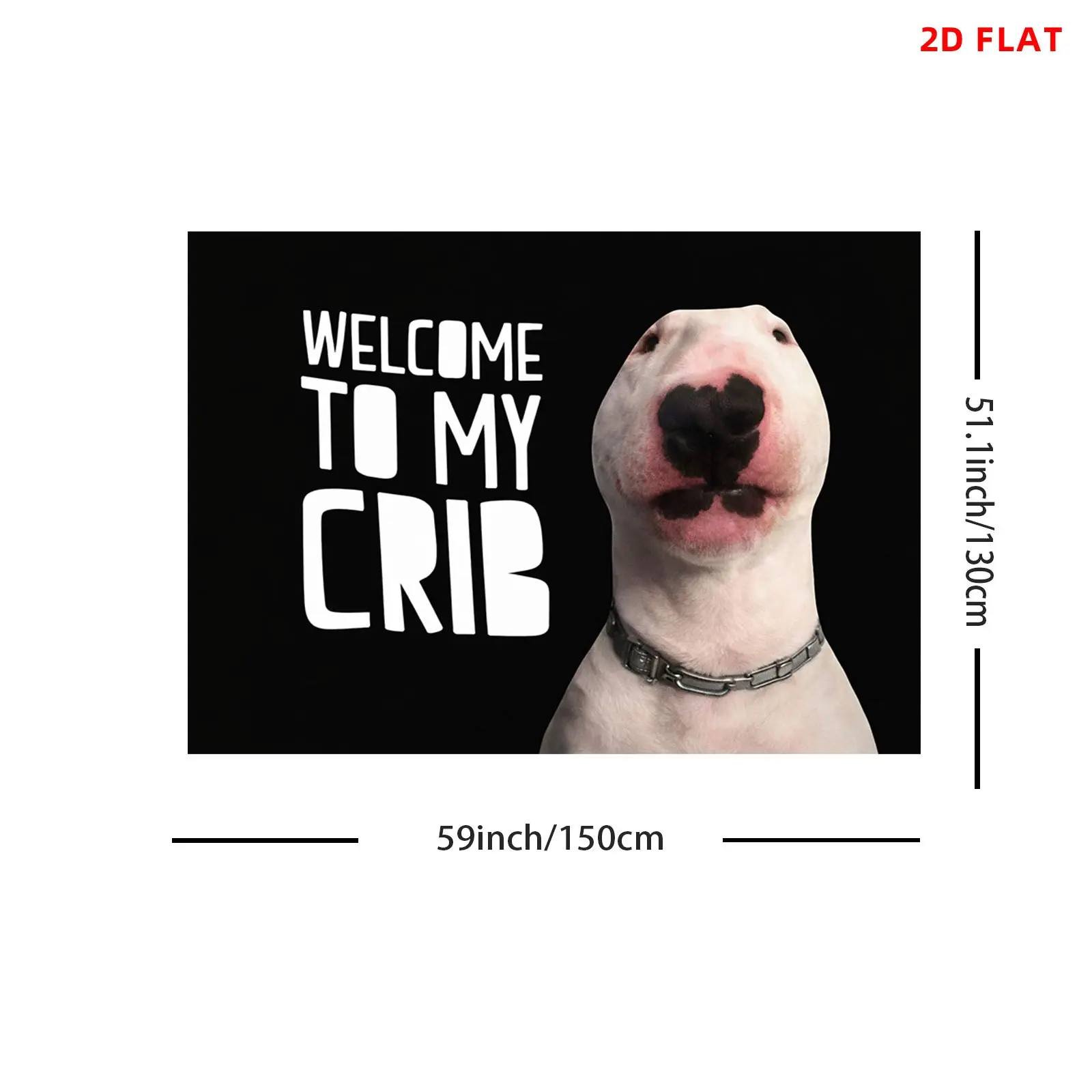 Large Size 2D Flat Printing Bull Terrier Tapestry - Black Collar, Black Background, "Welcome to My Crib" Text Overlay, Non-Luminous Room Decor, Indoors Wall Art, Other Patterns, Suitable for Bedroom, Living Room
