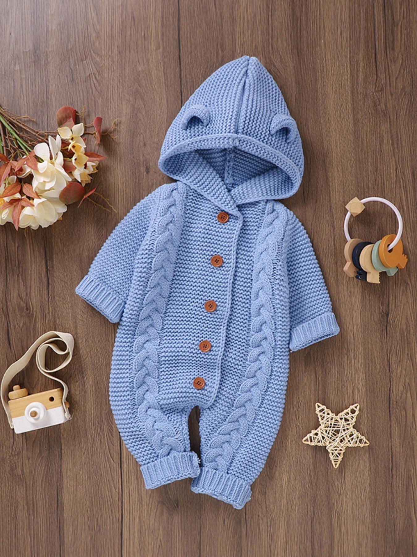 Baby's Solid Cable Knit Button-Front Hooded Sweater Jumpsuit, Cute Casual Long Sleeve Jumper Onesies for Newborn and Infant, Baby Clothing for Daily Wear