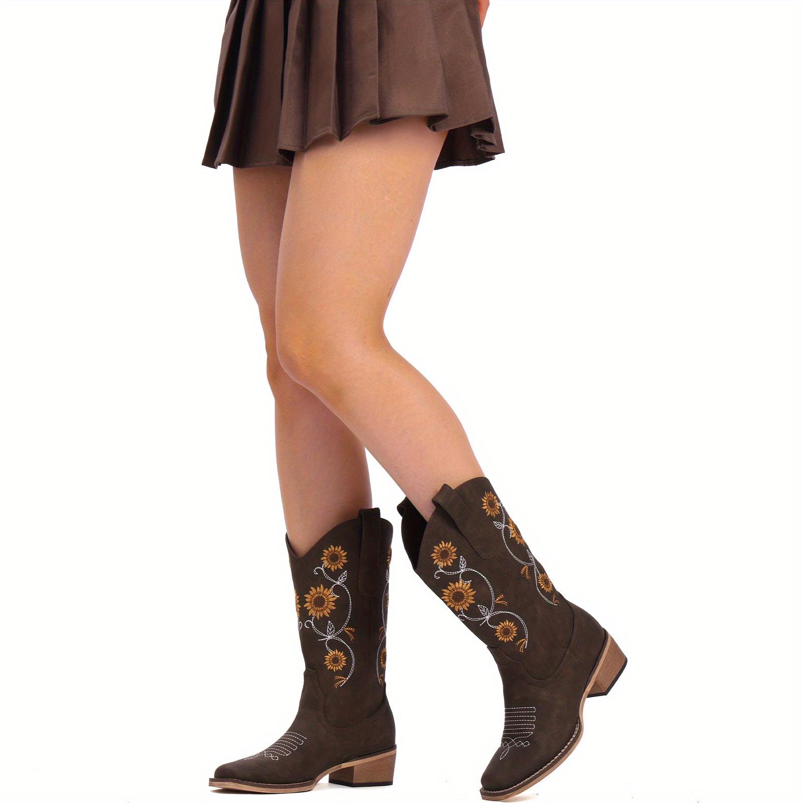 Women's Mid-Calf Western Cowboy Boots with Sunflower Embroidery, Square Toe Pull-On Design, Brown Faux Cover Retro Country Style Boots for Concerts, Idyllic Outings & Casual Wear, Outdoor Adventure Boots |         Retro Cowboy Boots |         Rubber Sole