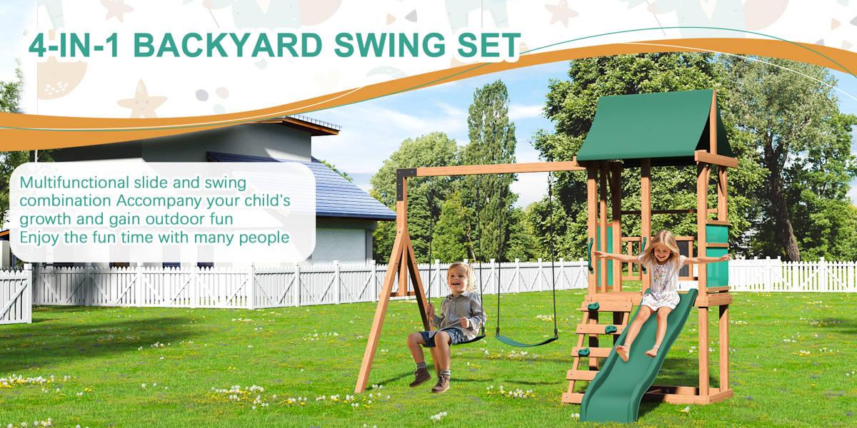 Swing Sets For Backyard, 4-in-1 Outdoor Swing Set With Slide, Climbing Rock Wall, And Soft Cushion Swings For Backyard Playground