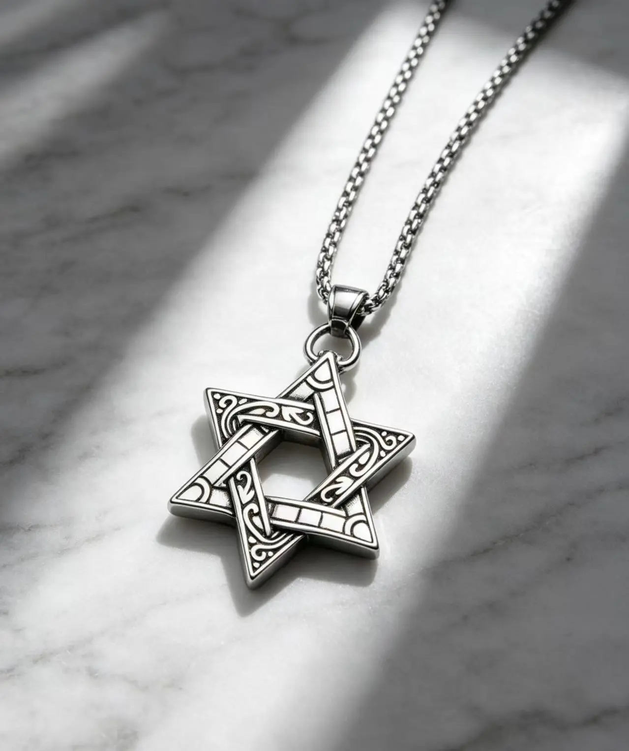Intricate Double-Sided Hexagram Necklace - Vintage Silver Star Pendant with Box Chain, Unique Statement Jewelry .