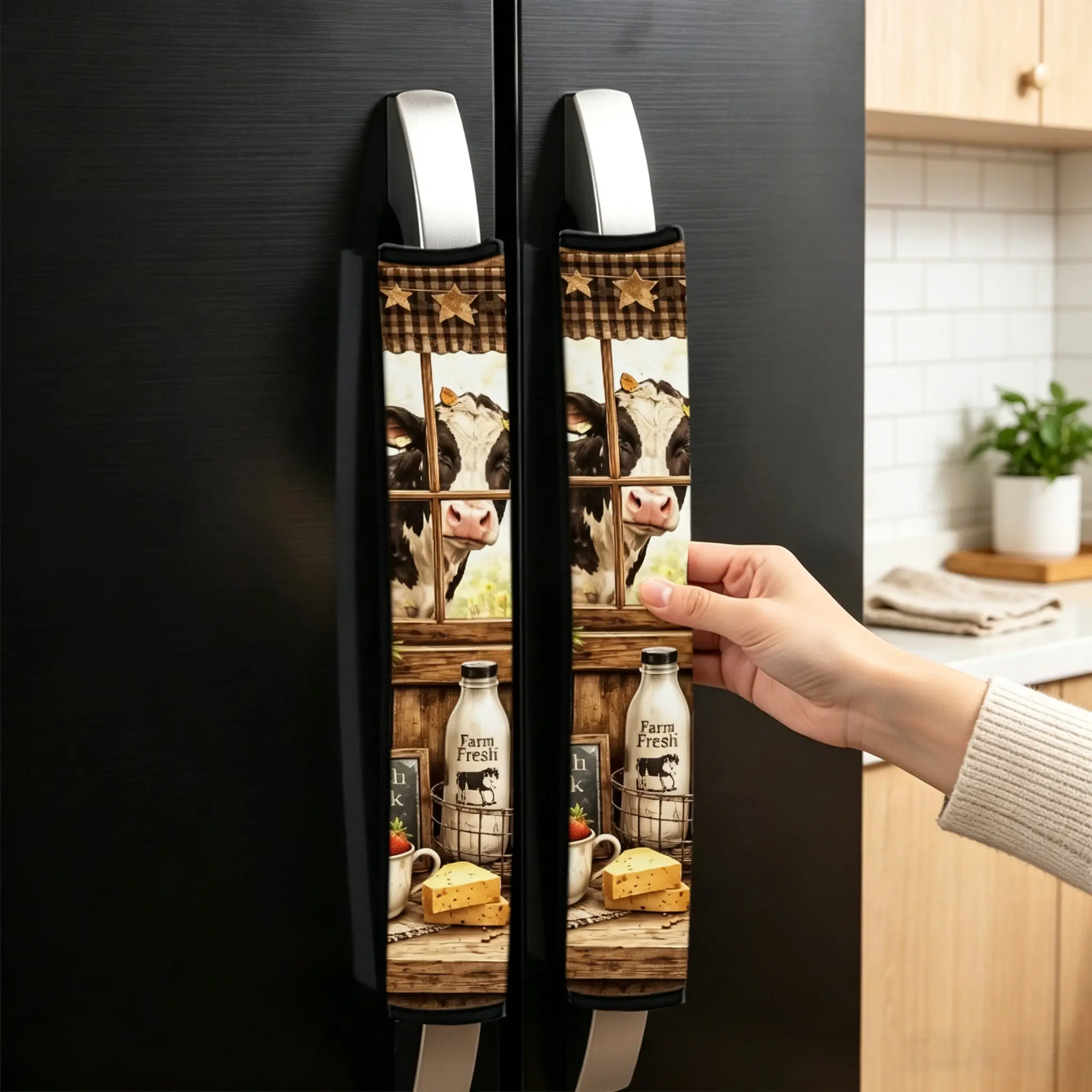 2pcs Retro Cow Theme Microwave and Refrigerator Handle Decor Set, Kitchen Decoration Kit, Suitable for Fridge, Microwave, Oven, Dishwasher,
