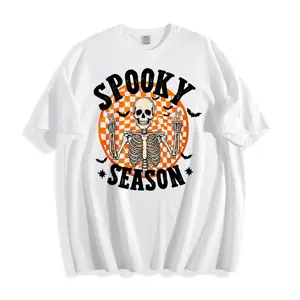 Casual Halloween Style Unisex T-Shirt Spooky Season Skeleton Design With Orange Checkered Background And Bats Perfect For Autumn Festivities And Costume Parties Great Gift For Friends Family And Halloween Enthusiasts