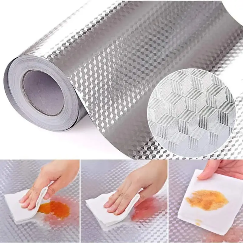 Kitchen Wallpaper Oil Proof Sticker Aluminum Foil Backsplash Self-Adhesive Contact Paper Cabinet Liner Waterproof Heat Resistant Peel Stick Wallpaper 15.7X118 Inches Cube Texture Silver Non-Woven, Textured Wall Paper, Waterproof Wallpaper Film