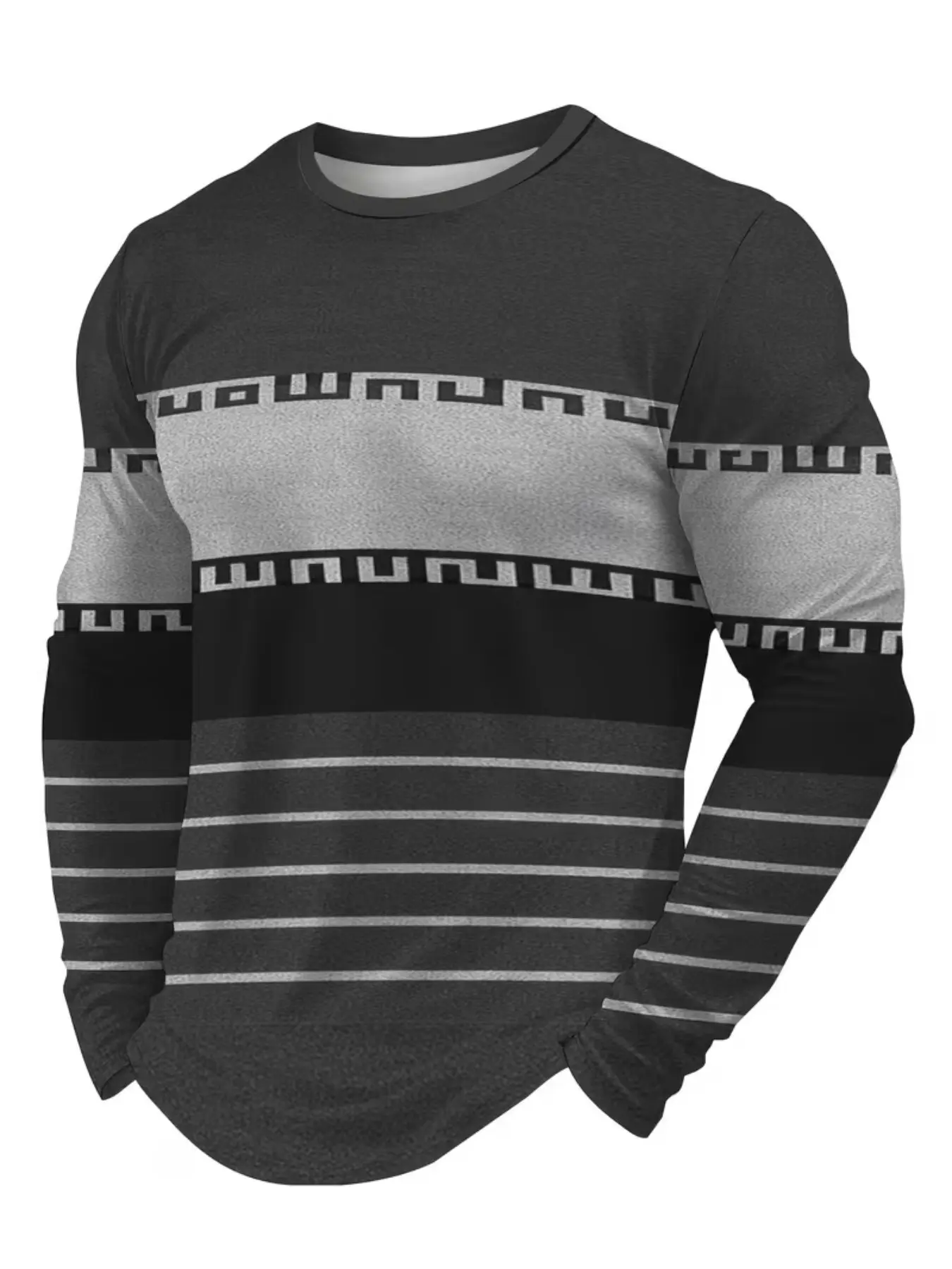 Striped Geometric Print Long Sleeve T-Shirt, Men's Vintage Ethnic Round Neck Spring Fall Top, Casual Slim-Fitting Shirt for All Seasons