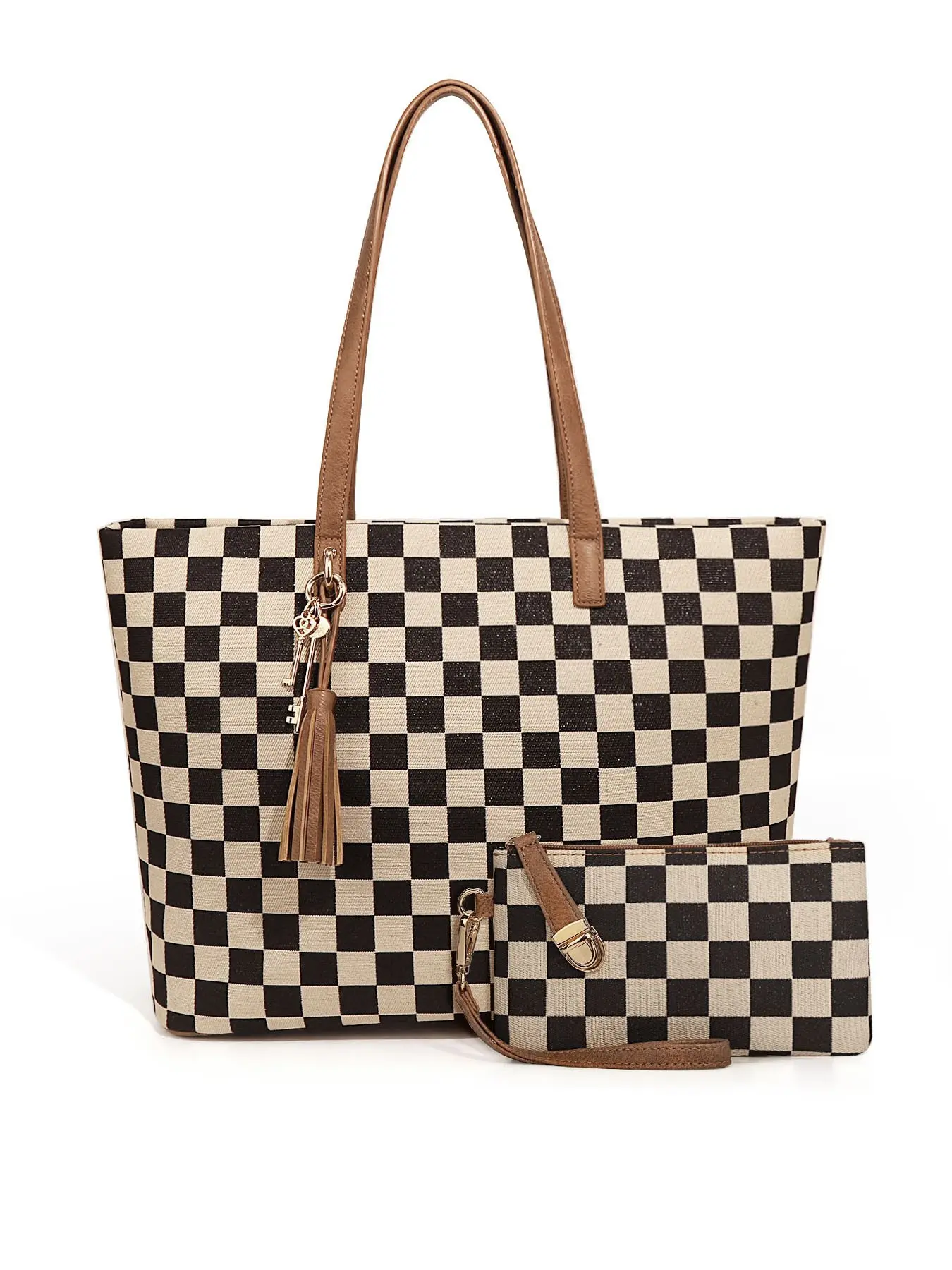 Fashion Large Capacity Checkered Shoulder Bag Set with Tassel & Keys, Durable Tote Bags Set for Women, Top Handle Satchel Handbag, Laptop Handbags and Purse Set, Professional Business Briefcase for Office Lady Works Computer, Fashionable Patterned Bag