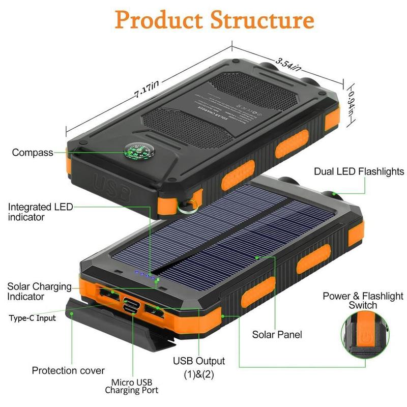 Solar Charger, 38800mAh Portable Type-C Solar Power Bank for All Cellphones, Waterproof Battery Pack, Outdoor External Backup Power Charger Three Outputs/LED Flashlights, Perfect for Camping Travel