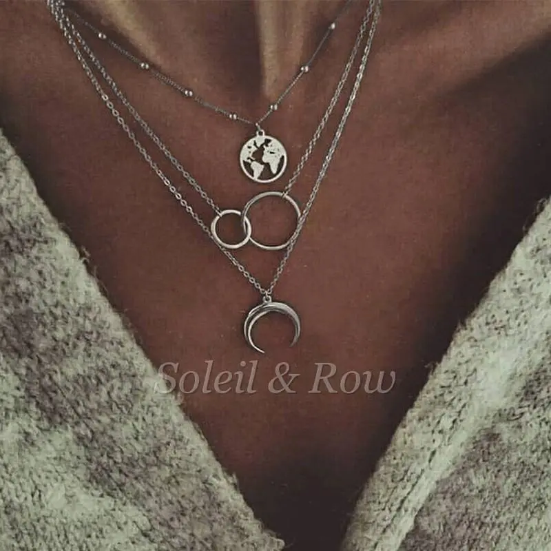 Fashionable Multilayer Boho Moon Map Necklace - Chain Jewelry, Hippie Style, Moon Element, Witchy Boho Design Accessory, Chain Jewelry Necklaces, Hippie Style Necklaces