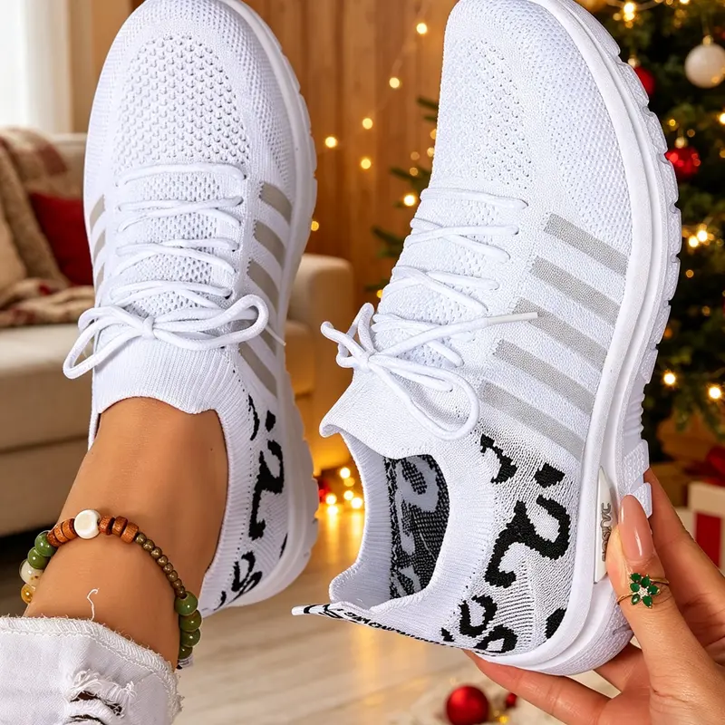 Women's Leopard Print Knit Casual – Lightweight and Breathable, Slip-On for Comfortable Fit, Fashionable and Versatile Casual Shoes Suitable for Walking, Traveling, and Daily Wear – The Ideal Choice for Women – Everyday Casual Sneakers