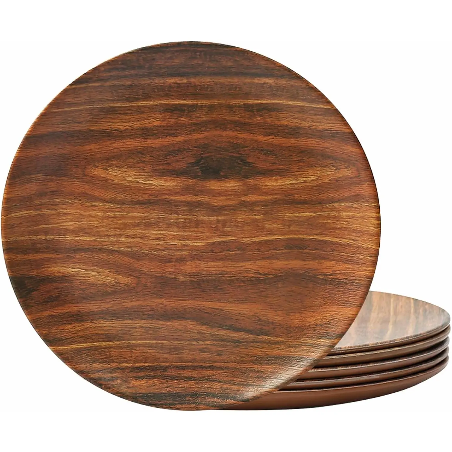 8.5" Melamine Dinner Plates, 6- Plate Set Unbreakable Serving Dishes for Indoor and Outdoor, Service for 6, Rosewood Grain