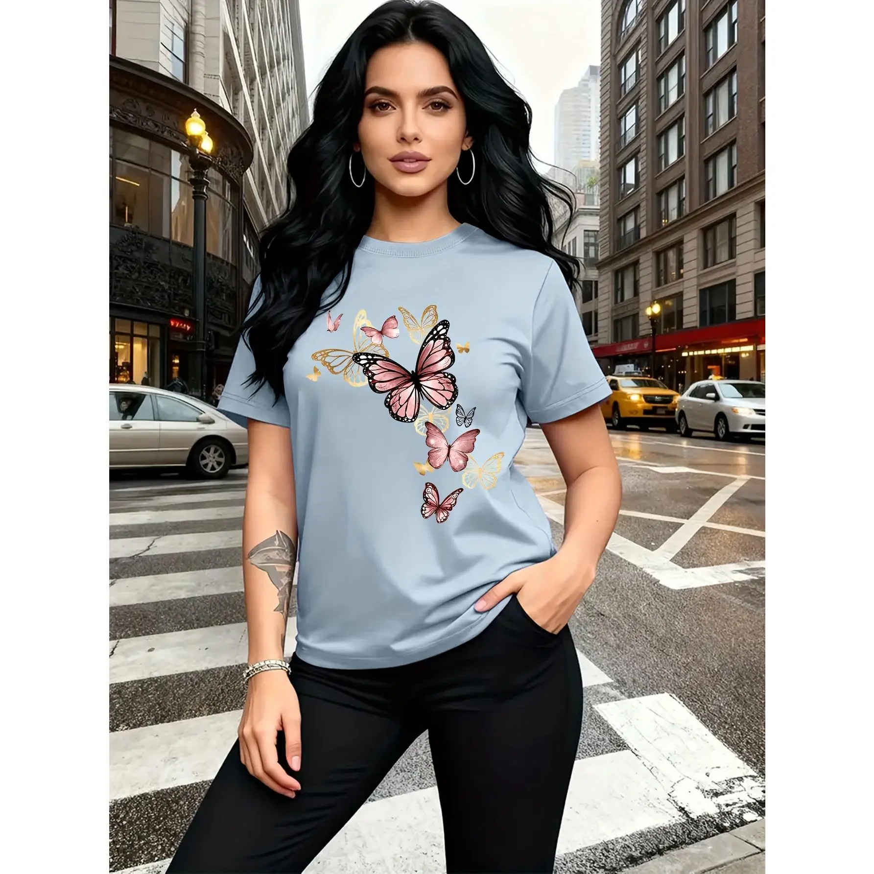 Women's Butterfly Print Polyester T-Shirt - Casual Shortsleeve Round Neck Pullover Top with Applique Detail, Fit Fabric, Purple Rain Color, Chinese New Year, Valentines Day, Tshirt, Elastane, Cute