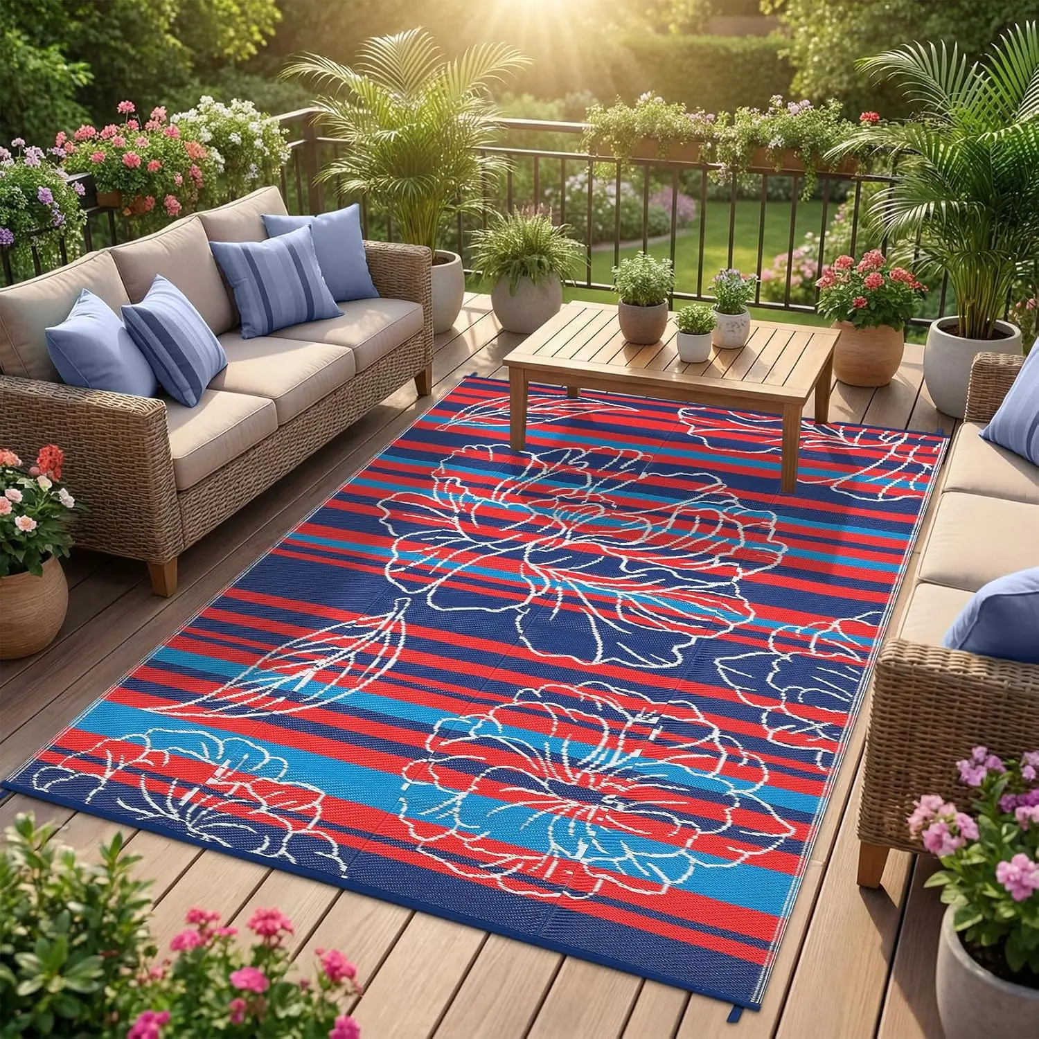Gaomon Outdoor Waterproof Rug, Floral Outdoor Area Rug, Reversible Plastic Straw Patio Rug, Portable Camping Mat for RV, Picnic, Beach, Balcony, Garden & Camping Red&Navy