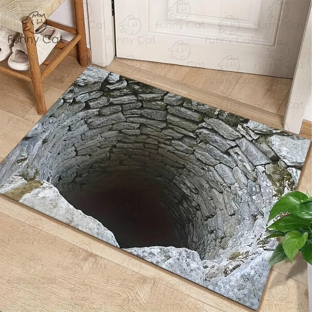 1pc Visual Illusion Endless Abyss Stone Wellhead Door Mat - HD Printed Marble Pattern Non-Slip Mat, Machine Washable Polyester with Rubber Backing for Indoor/Outdoor Use at Front Door, Entryway, RV & Camping, Entryway Enhancement, Realistic Floor Covering