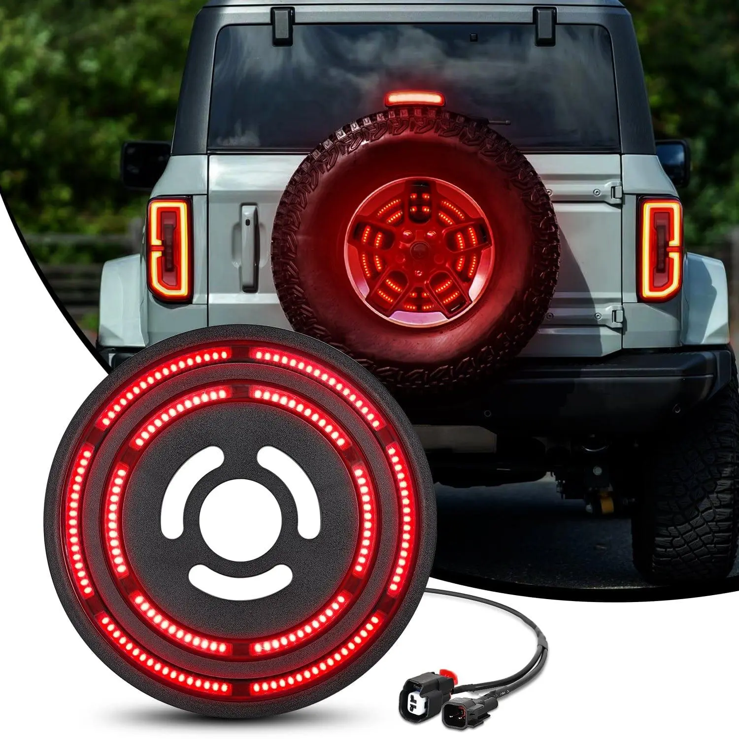Nilight Spare Tire 3rd Rear Stop Light - Red Double Row Ultra-Bright Ring Shape Brake Signal Light, Easy Install Plug-and-Play Fit for 2021-2025 Ford Bronco 2/4 Doors, Solid, Rear Stop Lights