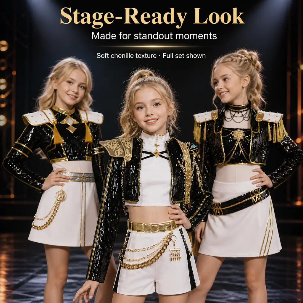 Girls' K-Pop Stage Sequin Costume Set with Gold Trim, Majorette Outfit & Full Accessories for Performance, Cosplay Party
