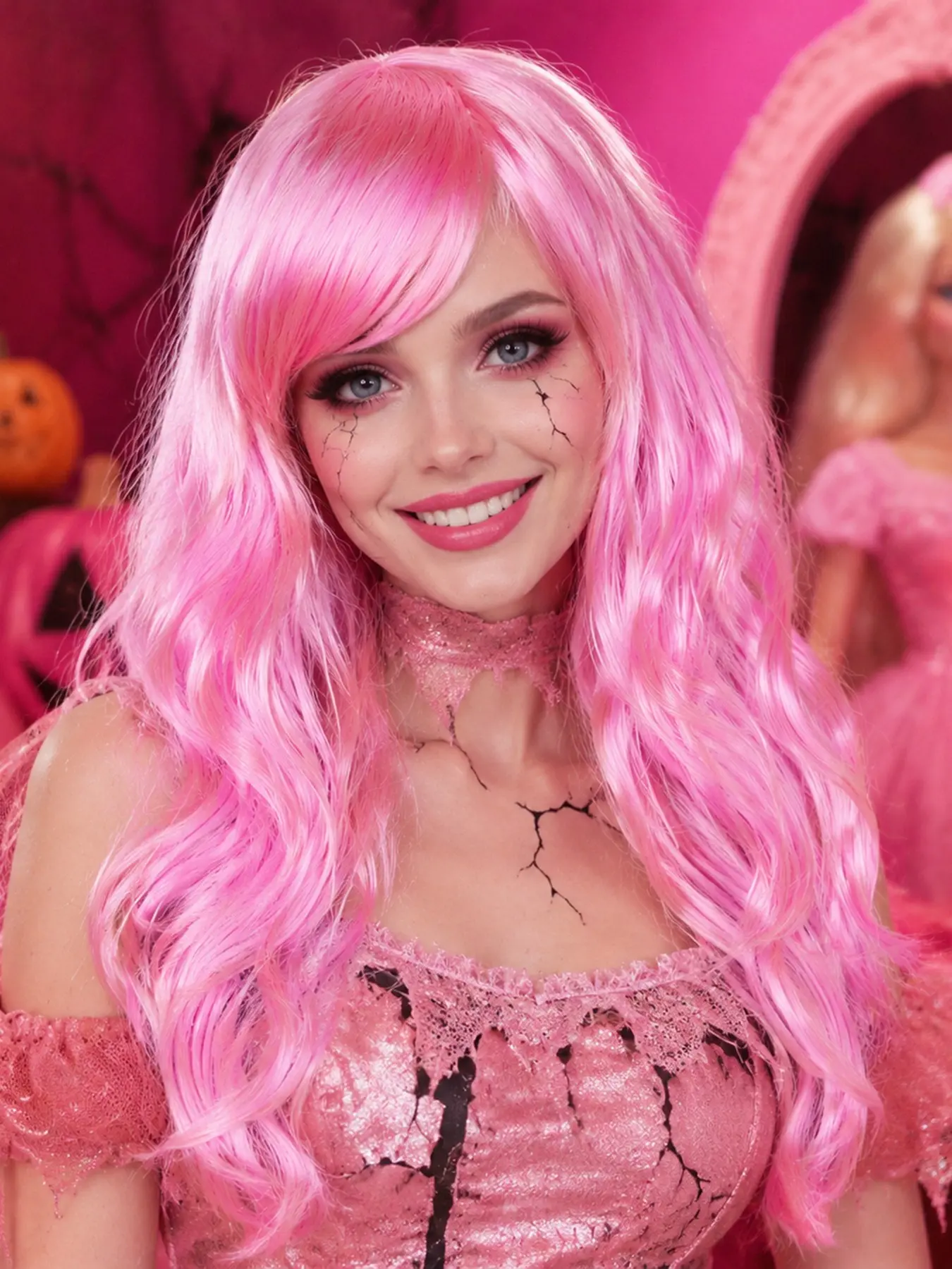 Pastel Long Wavy Wig for Women, Synthetic Side Bangs Fluffy Curly Hair Wig with Bangs, Cosplay Matching Style, Halloween Party Costume Accessory